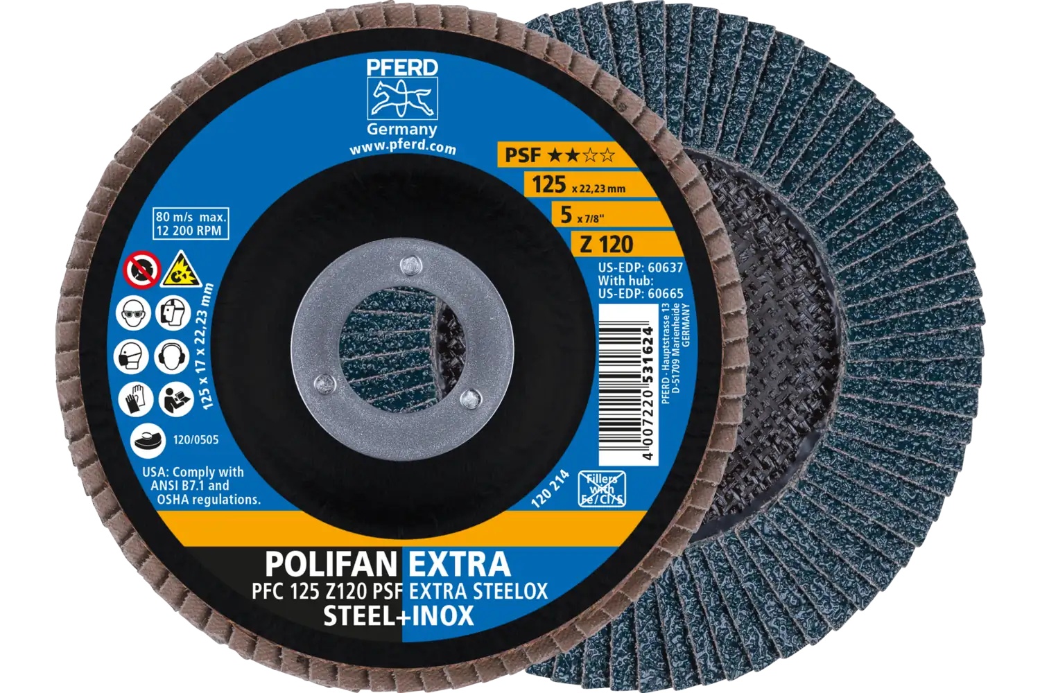 Picture of Pferd Flap Disc, 5" x 7/8, Z PSF Extra Steelox, 120 Grit, T29, Conical, Zirconia